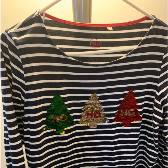 Boden holiday Breton top. Blue w/ white stripe holiday sequins - Picture 2 of 3